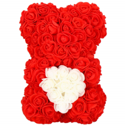 Medvedík z ruží 22 cm SPRINGOS ROSE BEAR HA7219 červený s bielym srdcom