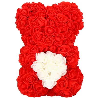 Medvedík z ruží 22 cm SPRINGOS ROSE BEAR HA7219 červený s bielym srdcom