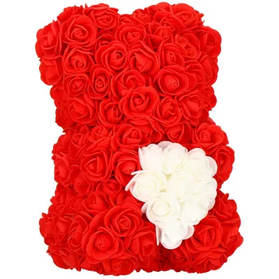Medvedík z ruží 22 cm SPRINGOS ROSE BEAR HA7219 červený s bielym srdcom