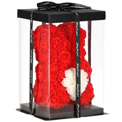 Medvedík z ruží 22 cm SPRINGOS ROSE BEAR HA7219 červený s bielym srdcom