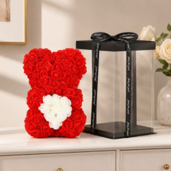 Medvedík z ruží 22 cm SPRINGOS ROSE BEAR HA7219 červený s bielym srdcom