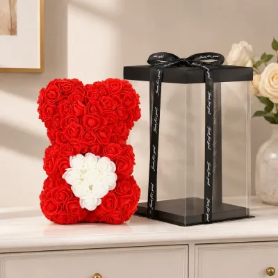 Medvedík z ruží 22 cm SPRINGOS ROSE BEAR HA7219 červený s bielym srdcom