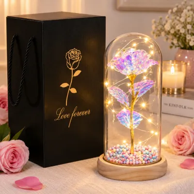 Večná ruža v skle s LED 22 cm SPRINGOS HA5159 viacfarebná