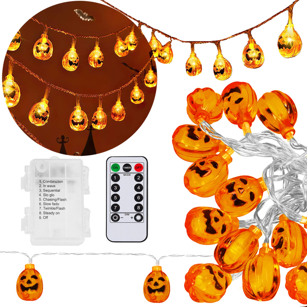 LED reťaz Tekvica - 2,8m, 20LED, 8 funkcií, ovládač, 3xAA, IP44, teplá biela