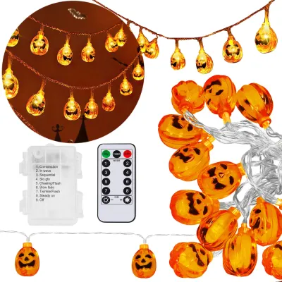 LED reťaz Tekvica - 2,8m, 20LED, 8 funkcií, ovládač, 3xAA, IP44, teplá biela