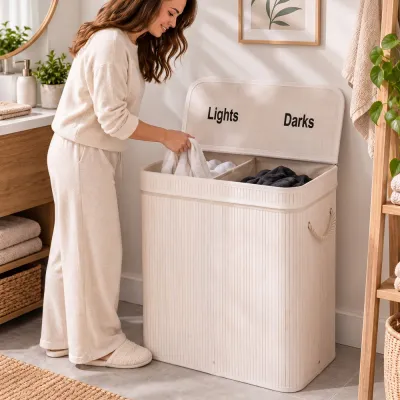 Kôš na bielizeň dvojdielny 100l SPRINGOS LUMORA bambus biely