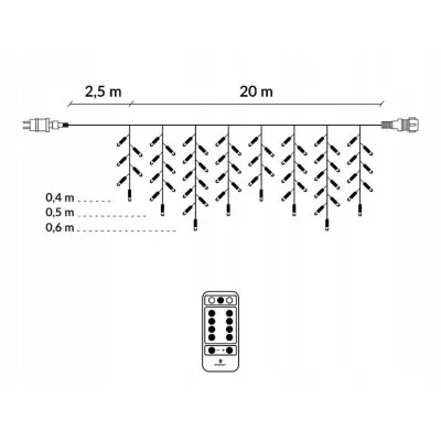 LED kvaple - 22,5m, 500LED, 8 funkcií, ovládač, IP44, studená biela