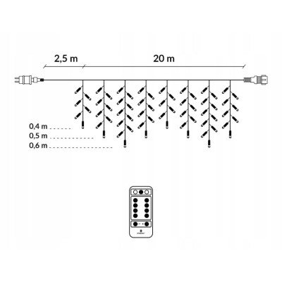LED kvaple - 22,5m, 500LED, 8 funkcií, ovládač, IP44, teplá biela