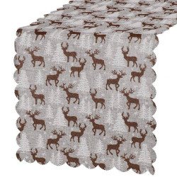 Vianočný obrus 186x35 cm Soby a Stromčeky, šedo-hnedý