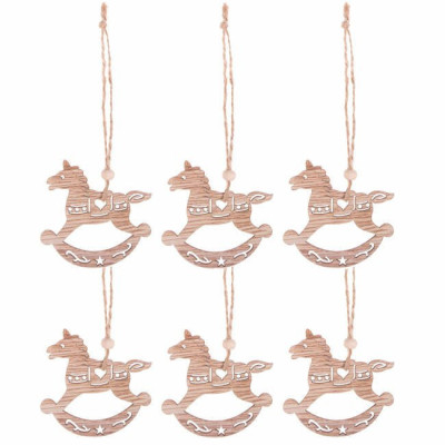 Vianočné drevené ozdoby - Hojdací koníci, sada 6ks