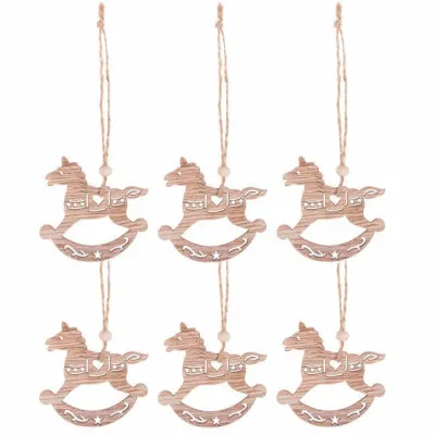 Vianočné drevené ozdoby - Hojdací koníci, sada 6ks