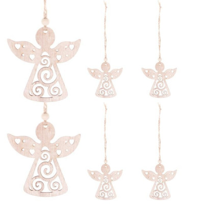 Vianočné drevené ozdoby - Anjeli, súprava 6ks