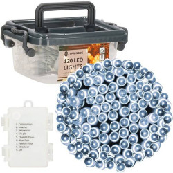 LED svetelná reťaz - 9m, 120LED, 8-funkcií, 3xAA, IP44, studená biela