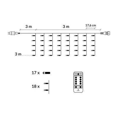 LED svetelný záves - 3x3m, 306LED, 8 funkcií, ovládač, IP44, studená biela
