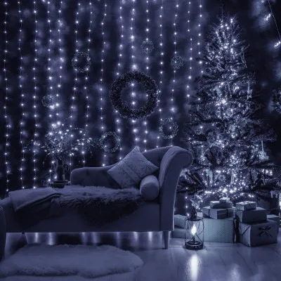 LED svetelný záves - 3x3m, 306LED, 8 funkcií, ovládač, IP44, studená biela