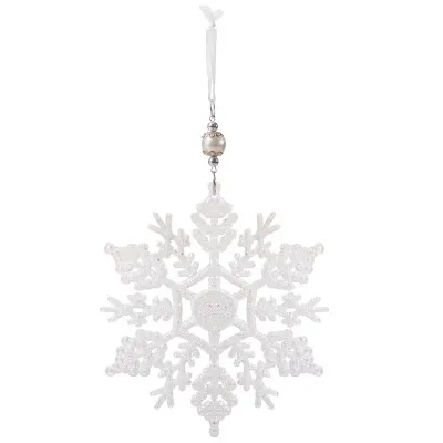 Vianočná ozdoba - Vločka s perlou a trblietkami biela, 17cm