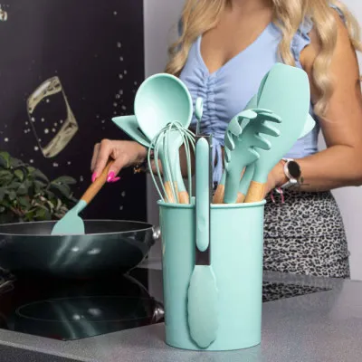 Sada kuchynského náčinia v stojane, set 12ks, tyrkysová SPRINGOS CHEF