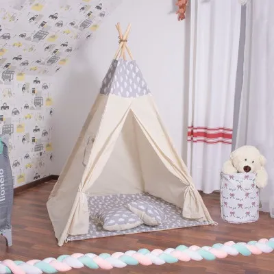Teepee stan pre deti SPRINGOS Šedý s oblakmi