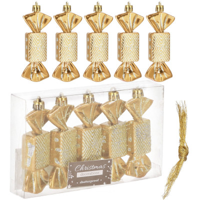 Vianočné ozdoby Cukríky zlaté - 8cm, súprava 5ks