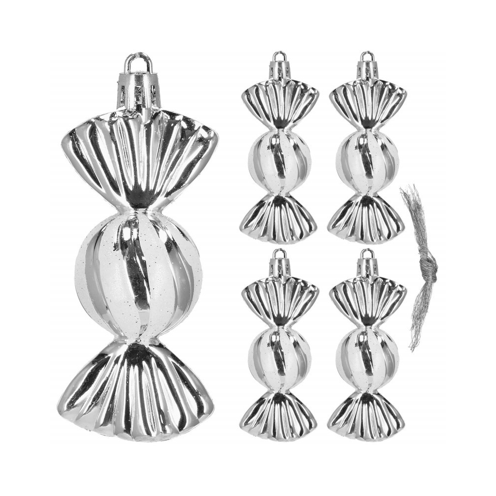 Vianočné ozdoby Strieborné cukríky - 6 cm, súprava 5ks