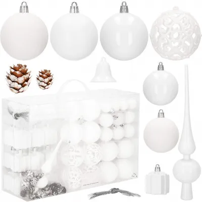 Maxi 100 dielna sada vianočných ozdôb biela so šiškami
