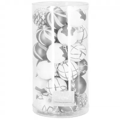 Vianočné banky bielo-strieborné mix - 6 cm, sada 30ks