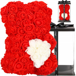 Medvedík z ruží 30 cm, červený s bielym srdcom SPRINGOS ROSE BEAR