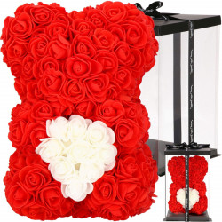 Medvedík z ruží 30 cm, červený s bielym srdcom SPRINGOS ROSE BEAR
