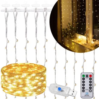 LED Nano svetelný záves - 2x2m, 200LED, 8 funkcií, ovládač, USB, IP44, teplá biela