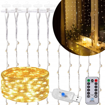 LED Nano svetelný záves - 3x3m, 300LED, 8 funkcií, ovládač, USB, IP44, teplá biela