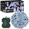 LED svetelná reťaz - 10m, 100LED, 8 funkcií, 3xAA, IP44, studená biela