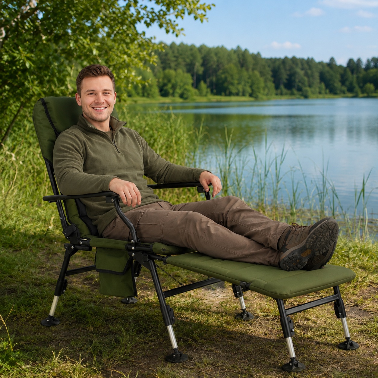 Rybárske kreslo polohovacie s podnožkou SPRINGOS CS0192 zelené