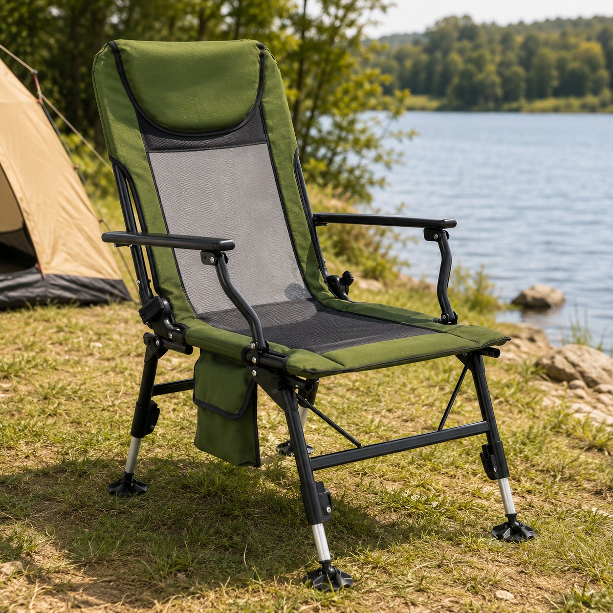 Rybárske kreslo polohovacie s podnožkou SPRINGOS CS0192 zelené