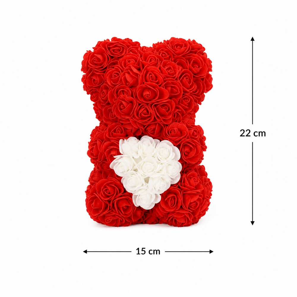 Medvedík z ruží 22 cm SPRINGOS ROSE BEAR HA7219 červený s bielym srdcom