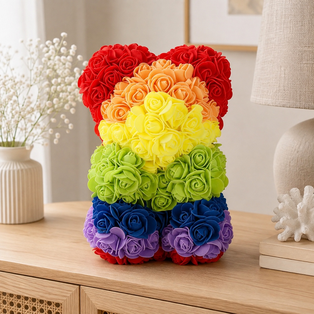 Medvedík z ruží 22 cm SPRINGOS ROSE BEAR HA7219 červený s bielym srdcom