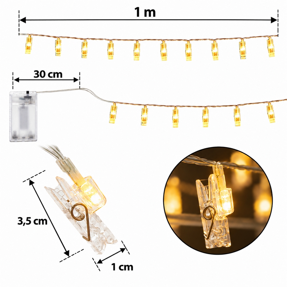 Svetelná reťaz s klipmi na fotky 10 LED SPRINGOS CL4131 teplá biela