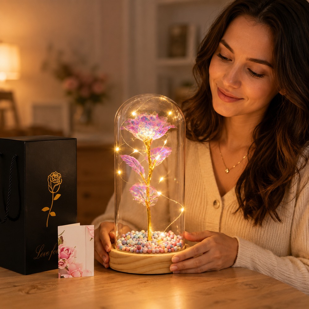 Večná ruža v skle s LED 22 cm SPRINGOS HA5159 viacfarebná