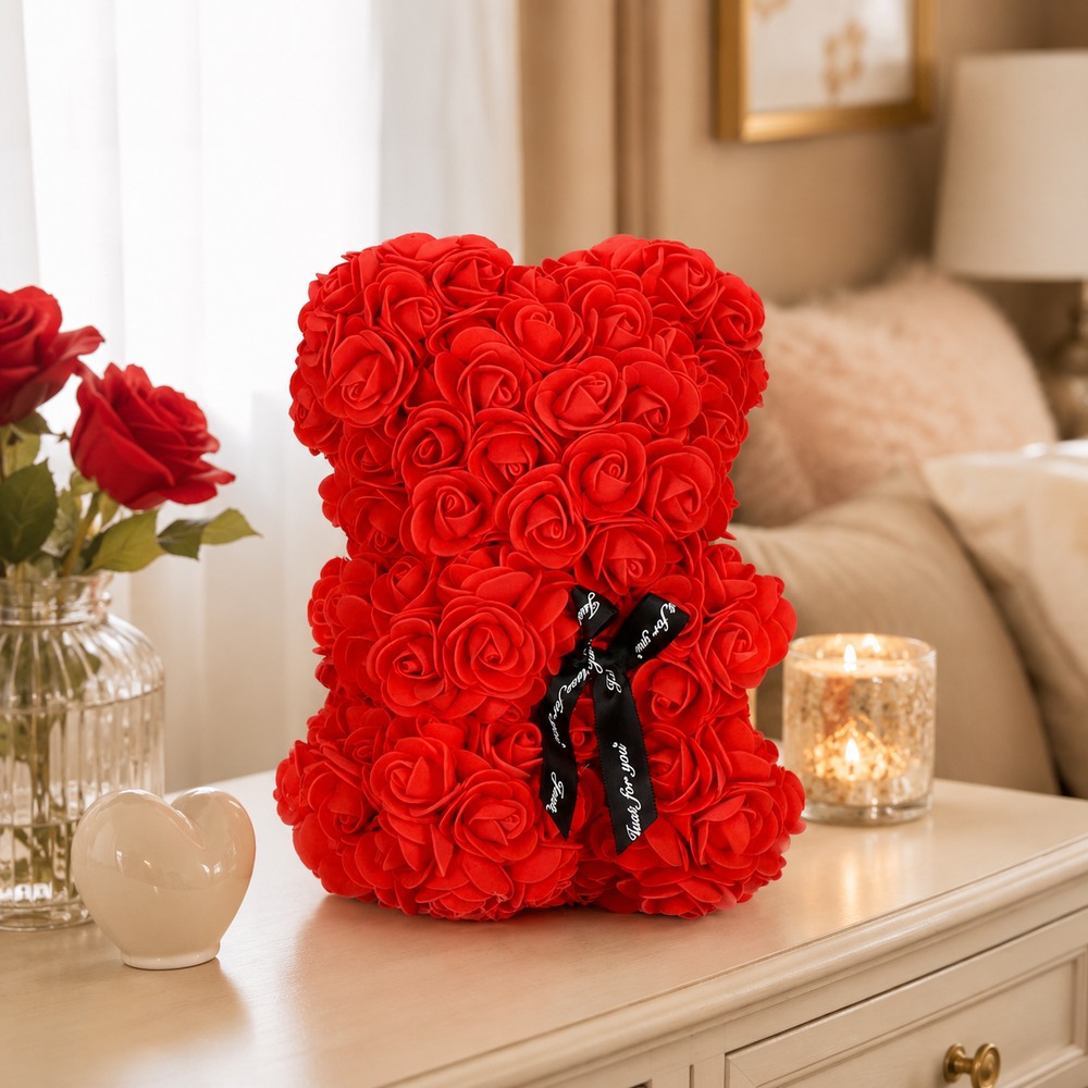 Medvedík z ruží 22 cm SPRINGOS ROSE BEAR HA7219 červený s bielym srdcom