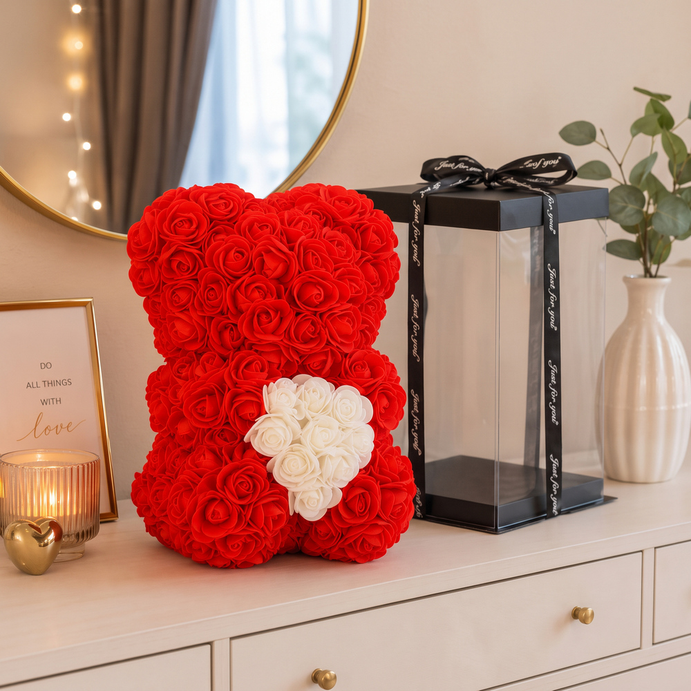 Medvedík z ruží 22 cm SPRINGOS ROSE BEAR HA7219 červený s bielym srdcom