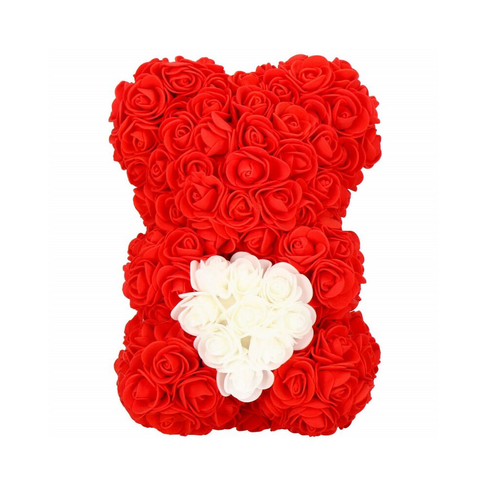 Medvedík z ruží 22 cm SPRINGOS ROSE BEAR HA7219 červený s bielym srdcom