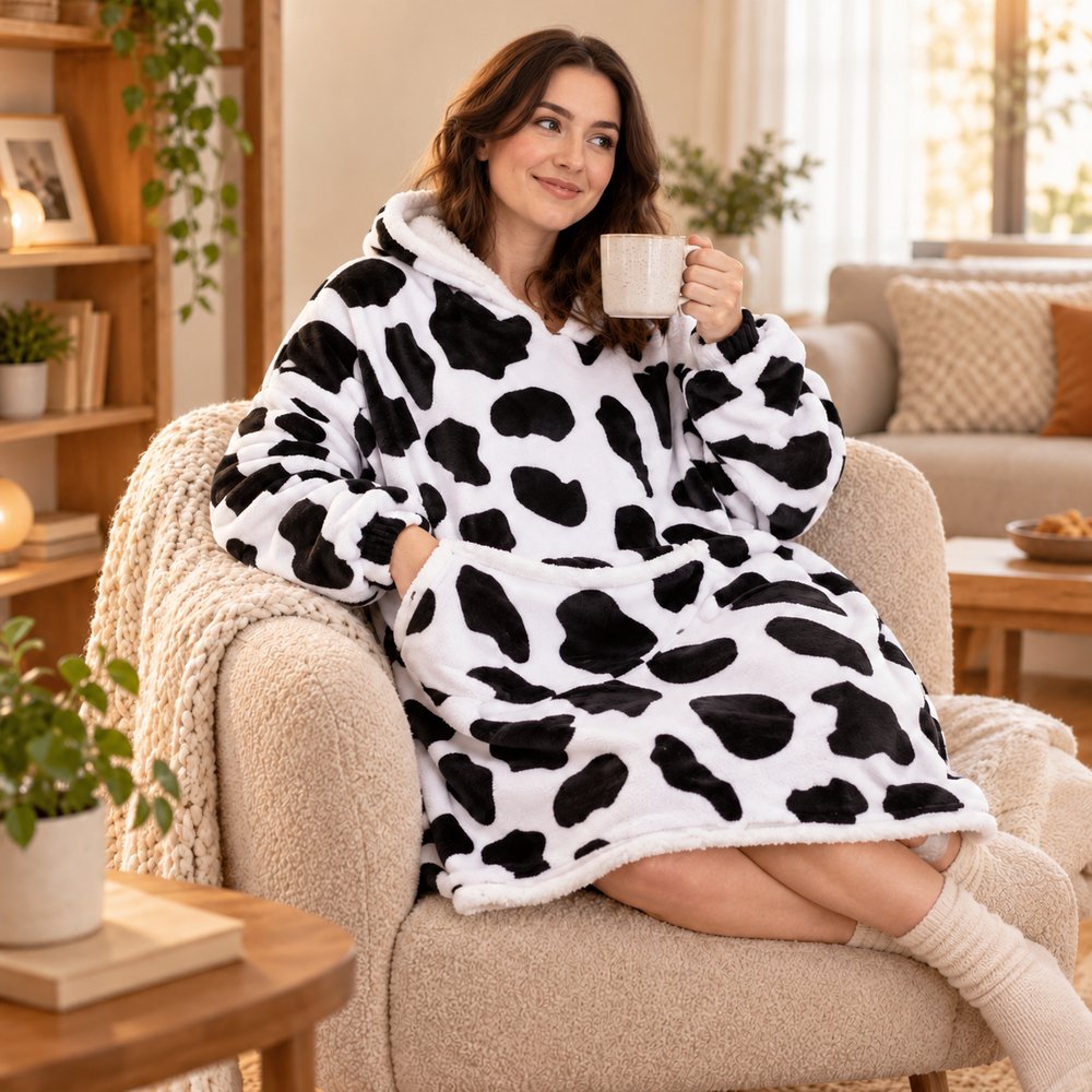 Mikinová deka oversize s kapucňou SPRINGOS HA7570 bielo-čierna