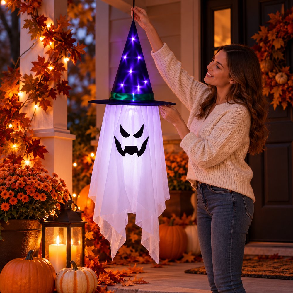 Halloweensky duch LED závesný 117 cm SPRINGOS HA7592 biely