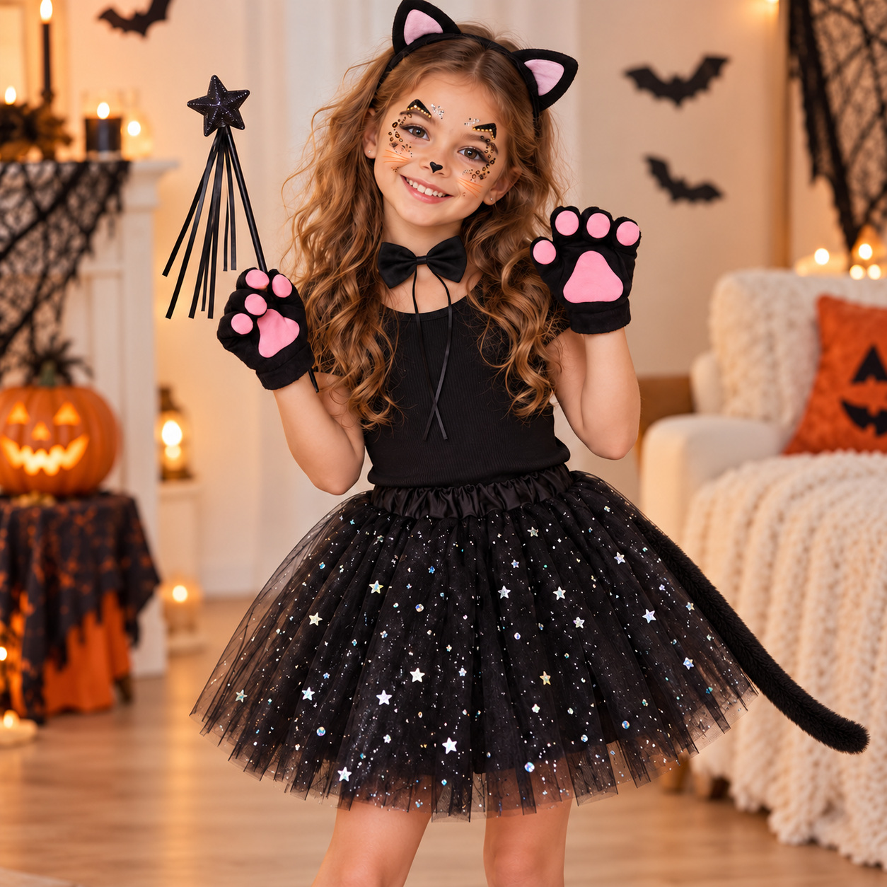 Dievčenské halloweensky kostým mačky 7dielny SPRINGOS HA7595 čierny